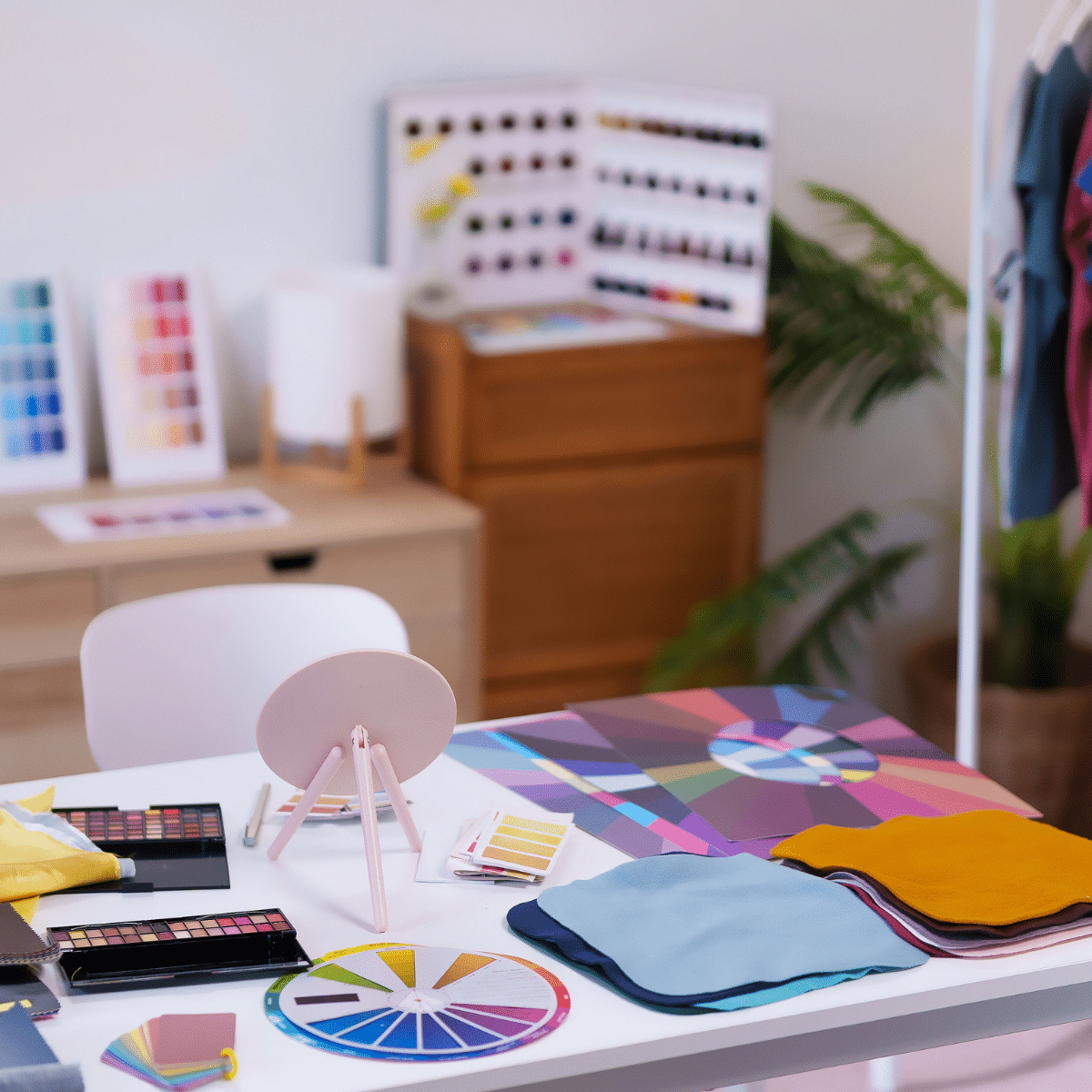 Studio de colorimétrie avec roues chromatiques, palettes et nuanciers des quatre saisons